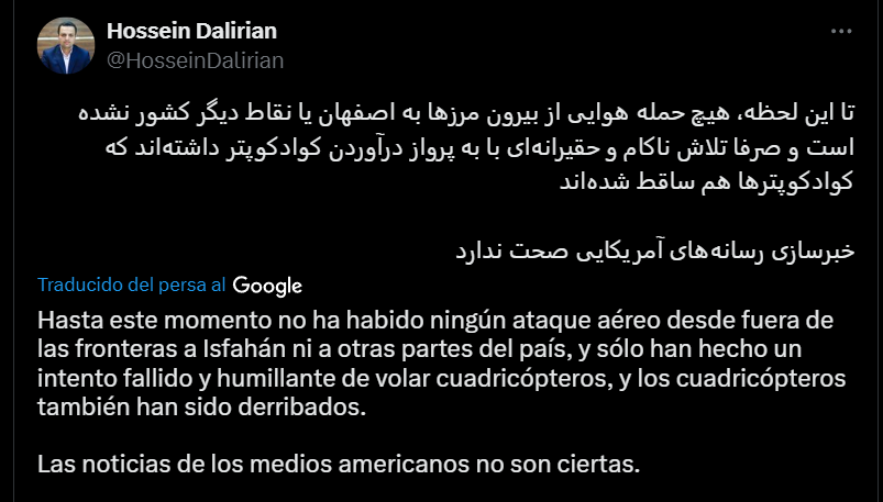 ❗️ IRÁN NIEGA LA GRAVEDAD DEL ATAQUE ISRAELÍ: Funcionario iraní: 'No ha habido ningún ataque aéreo en Isfahán ni en otras partes del país. Israel solo condujo un intento fallido y humillante de volar cuadricópteros, y todos fueron derribados'.