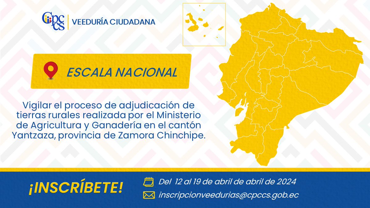 Inscríbete en la #Veeduría nacional para vigilar el proceso de adjudicación de tierras rurales realizada por el Ministerio de Agricultura y Ganadería, en el cantón Yantzaza, provincia de Zamora Chinchipe. Conoce más: 👇🏼 bitly.ws/3i8rN