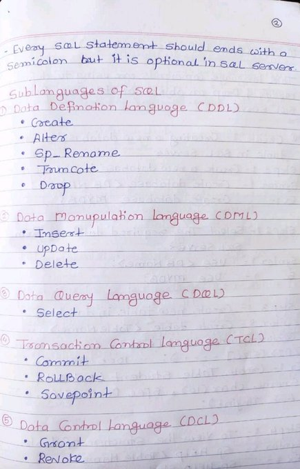 Learning SQL is crucial for working with databases and backend development. Here are SQL Complete Handwritten Notes📚🔥 All, FREE of cost Simply: 1. Follow me (So I can DM) 2. Like & Repost 3. Comment 'SQL' to receive your copy.