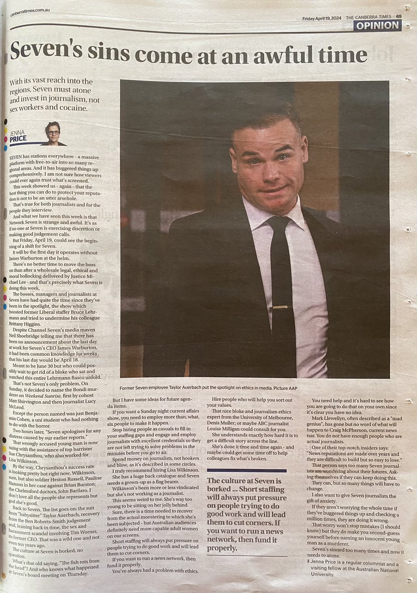 To: @SevenNetwork From: @JennaPrice🔥🔥🔥 - ‘…the best thing you can do to protect your reputation is not to be an utter arsehole. (That’s true for both journalists & for the people they interview.)’ - ‘Spend money on journalists, not hookers & blow’. canberratimes.com.au/story/8596279/…