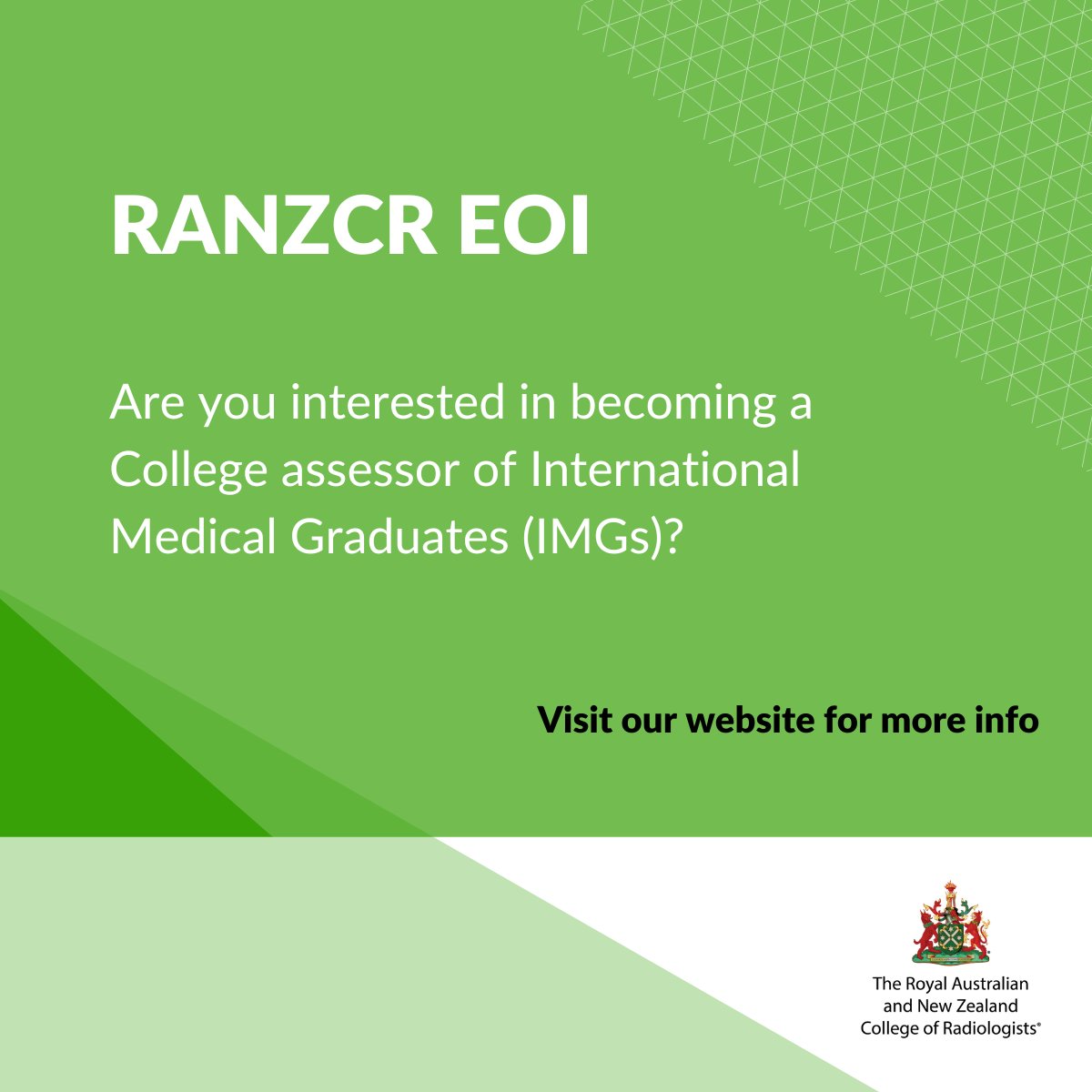 Are you interested in becoming a College assessor of International Medical Graduates (IMGs)? Expressions of interest are being called from College Fellows who have held FRANZCR for more than five (5) years to become IMG Assessors. Learn more: ow.ly/5QKs50RjuRN #RANZCR