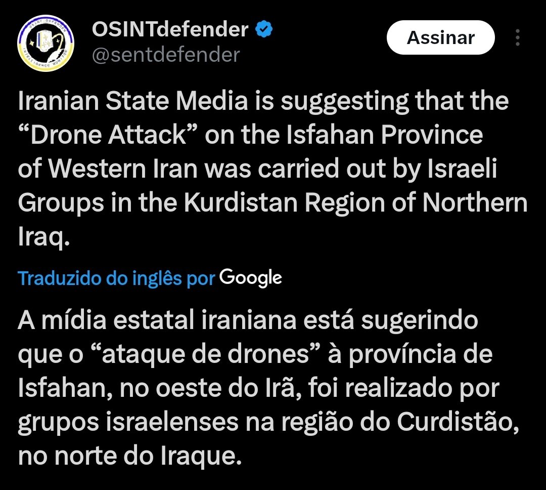 Parece q o Irã se borrou de medo Anunciaram q tinham sido atacados e a própria mídia estatal mostrou imagens Israel assumiu o ataque Agora o Irã diz q foi apenas um ataque com drones feito por um grupo