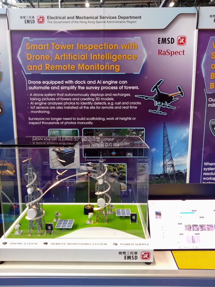 ConsultDKM's tweet photo. Exciting news! RaSpect joins EMSD HKSAR Govt at #GenevaInventions to showcase our innovation in autonomous remote inspection of Telecommunication towers. Our solution integrates drones, AI analytics, IoT sensors for efficient monitoring. Grateful for EMSD's support! #TowerI https://t.co/ufAild110p
