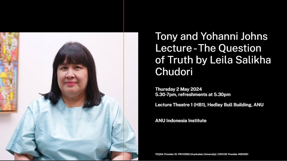 We're thrilled that Leila Chudori, esteemed Indonesian author, will give the 2024 Tony & Yohanni Johns lecture! Leila will explore the politics of history writing in Indonesia, and how young Indonesians find ‘truth’ through historical fiction. Join us! events.humanitix.com/tony-and-yohan…