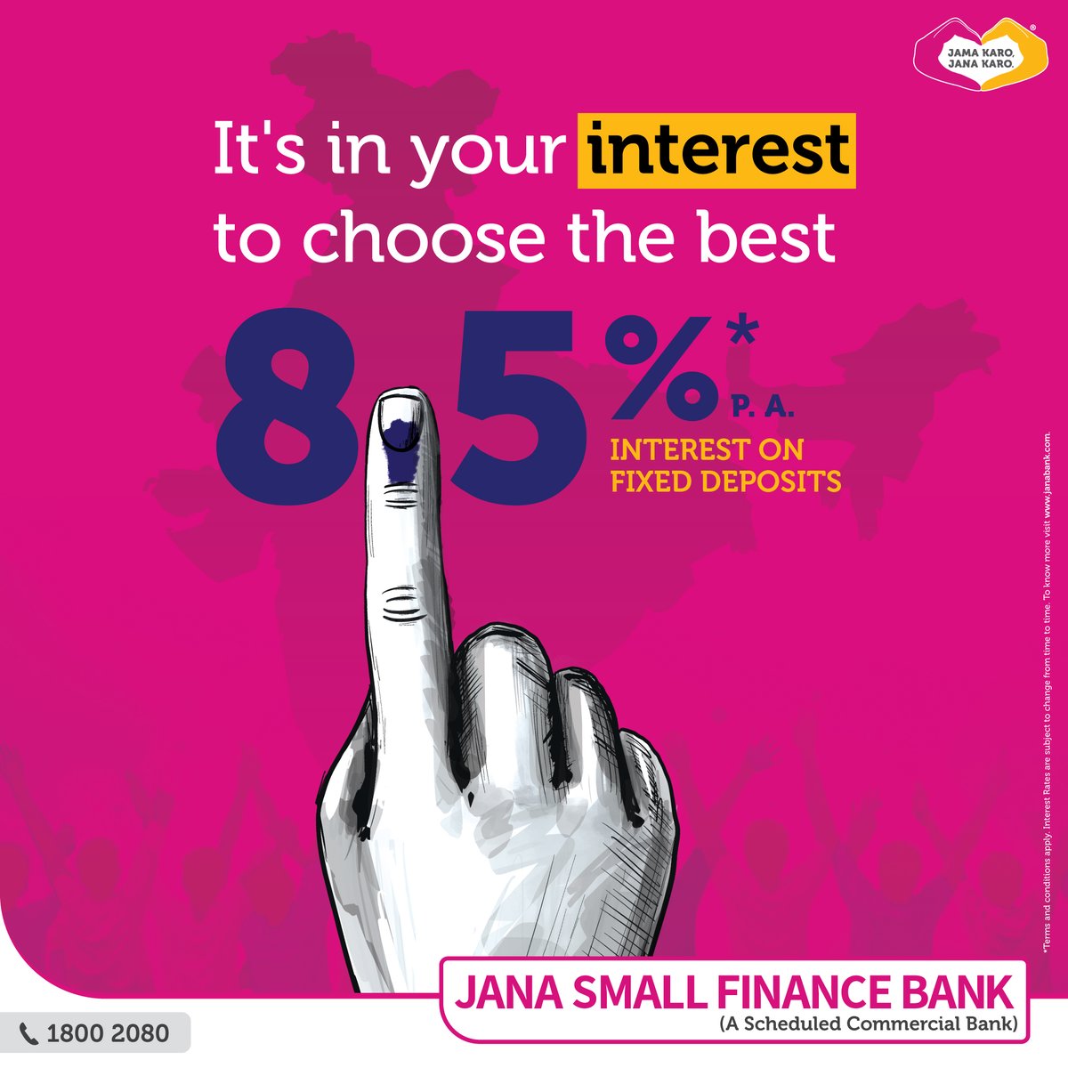 Vote first in the National Interest. Choose Jana in your #Interest! Click bit.ly/3U2ExaF to apply now. #LokSabhaElections2024 #VotingDay #ElectionDay #FixedDeposit #HighInterest #JanaBank