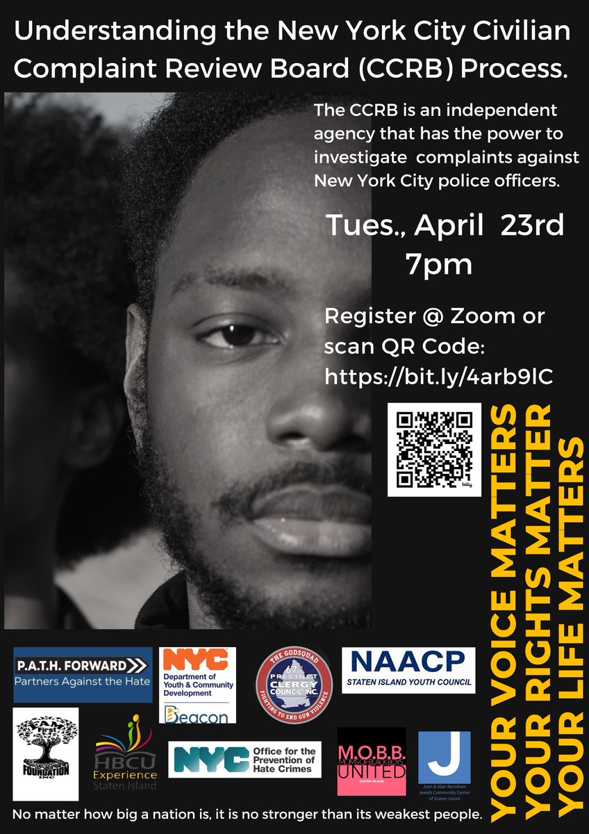 Understanding the New York City Civilian Complaint Review Board (CCRB) Process.
When: Tuesday, April 23 @ 7pm
Register @ zoom or scan QR code:
bit.ly/4arb9lC