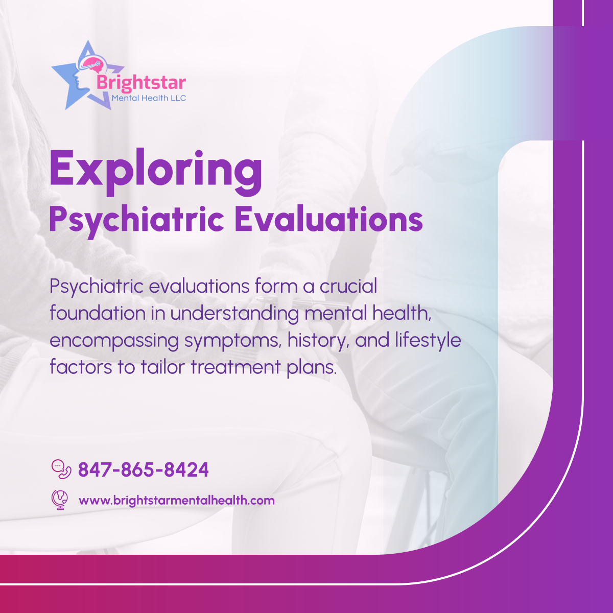 A psychiatric evaluation is more than a conversation; it's a stepping stone towards personalized mental health care. Discovering the root causes to navigate the path to wellness together. 

#ChicagoTherapy #IllinoisTherapist #BehavioralHealthCare #PsychiatricEvaluation