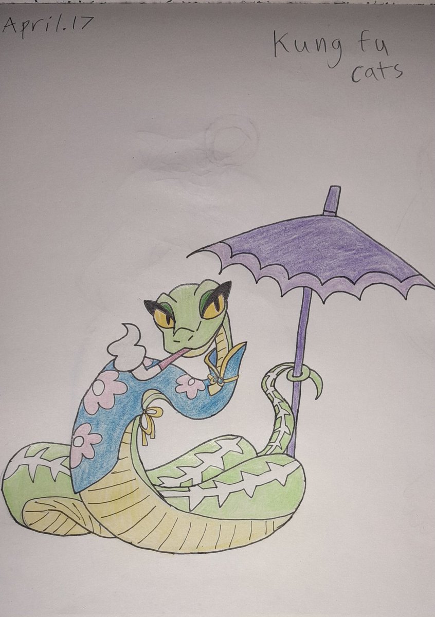 Quintonhale6's tweet photo. Kung fu cats, Seraphina (emerald tree boa) colored #kungfu #cartoon #snake #characterdesign #boa #smoking #emeraldtreeboa #coloredpencils #colored https://t.co/7YwZPXtybs