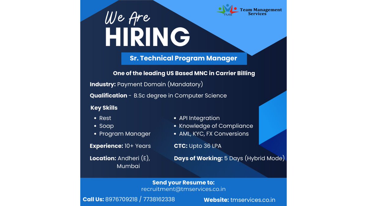 TMS_HR's tweet photo. Calling all tech gurus! Ready to lead as a Sr. Technical Program Manager? Join us today. Apply Now!

recruitment@tmservices.co.in | 8976709218 – 7738162338

#tms #hrmode #hr #hrservices #mumbai #friday #technicalprogram #IT

[senior technical program manager, Tech Career] https://t.co/WjNRAD95vv