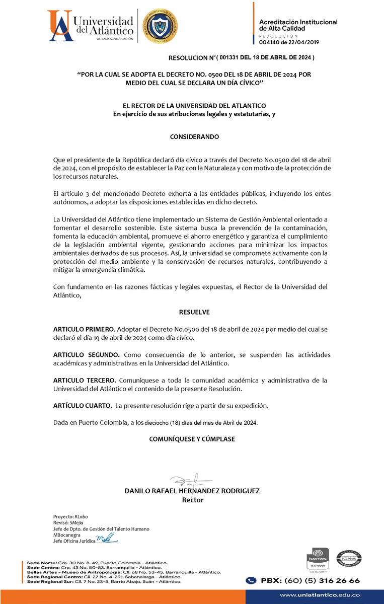 udeatlantico's tweet photo. #UAInforma | La Universidad del Atlántico se acoge al decreto presidencial de día cívico para mañana viernes 19 de abril de 2024, mediante la resolución 001331. https://t.co/fqcQkXES67
