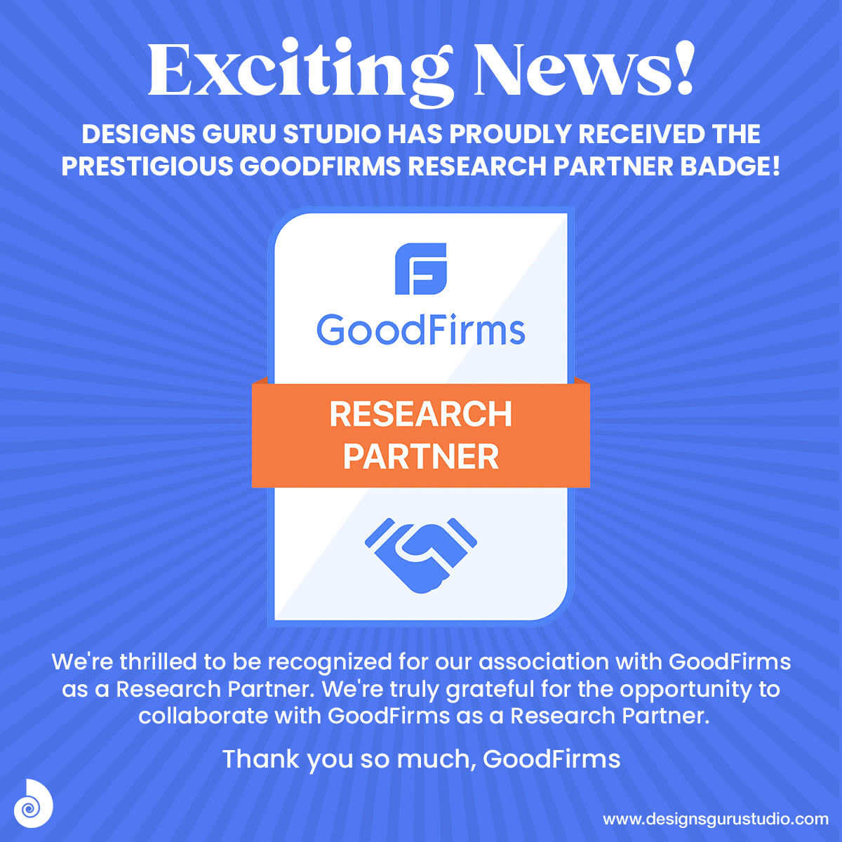 designsgurustud's tweet image. 🎉 Exciting News! We are glad to share this with you all!

Our design studio &apos;Designs GuruStudio&apos; has proudly received the prestigious GoodFirms Research Partner Badge! 🏅

#DesignsGuruStudio #GoodFirms #ResearchPartner #Recognition #GoodFirmsResearch