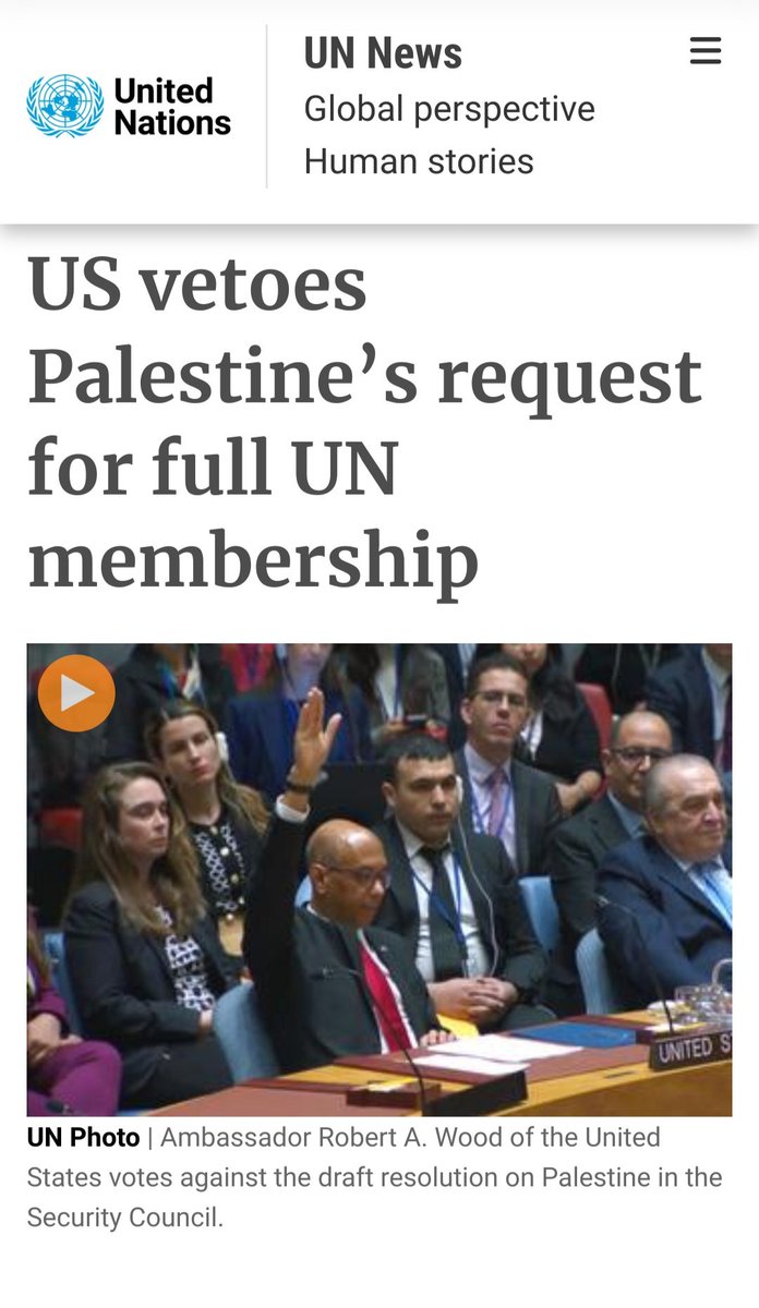 The USA is the biggest impediment to world peace. It just unilaterally vetoed a UN Security Council resolution that could have recognized Palestine as a state. 12 of the 15 UNSC members voted in support. 2 abstained (UK and Switzerland). The US vetoed. news.un.org/en/story/2024/…