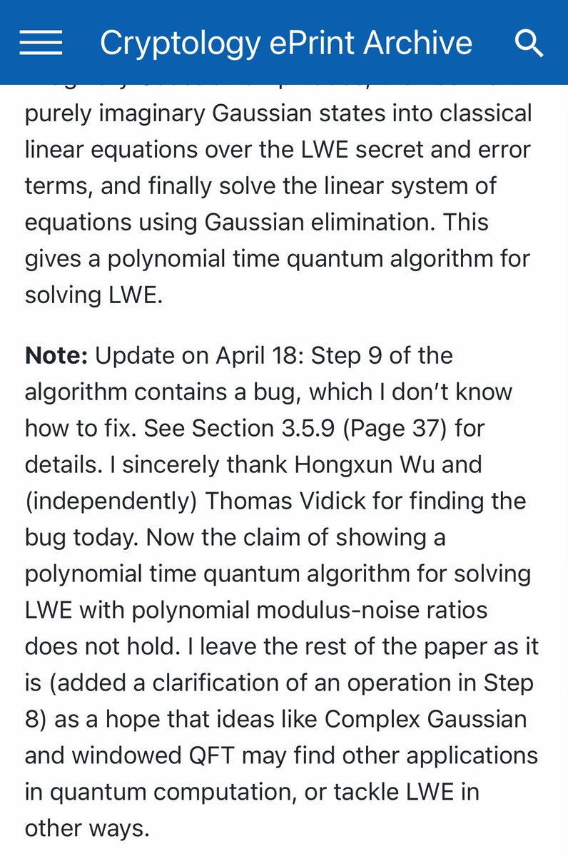 Is lattice-based cryptography still (potentially) post-quantum now? 🥳 Update to #eprint555 by Yilei Chen