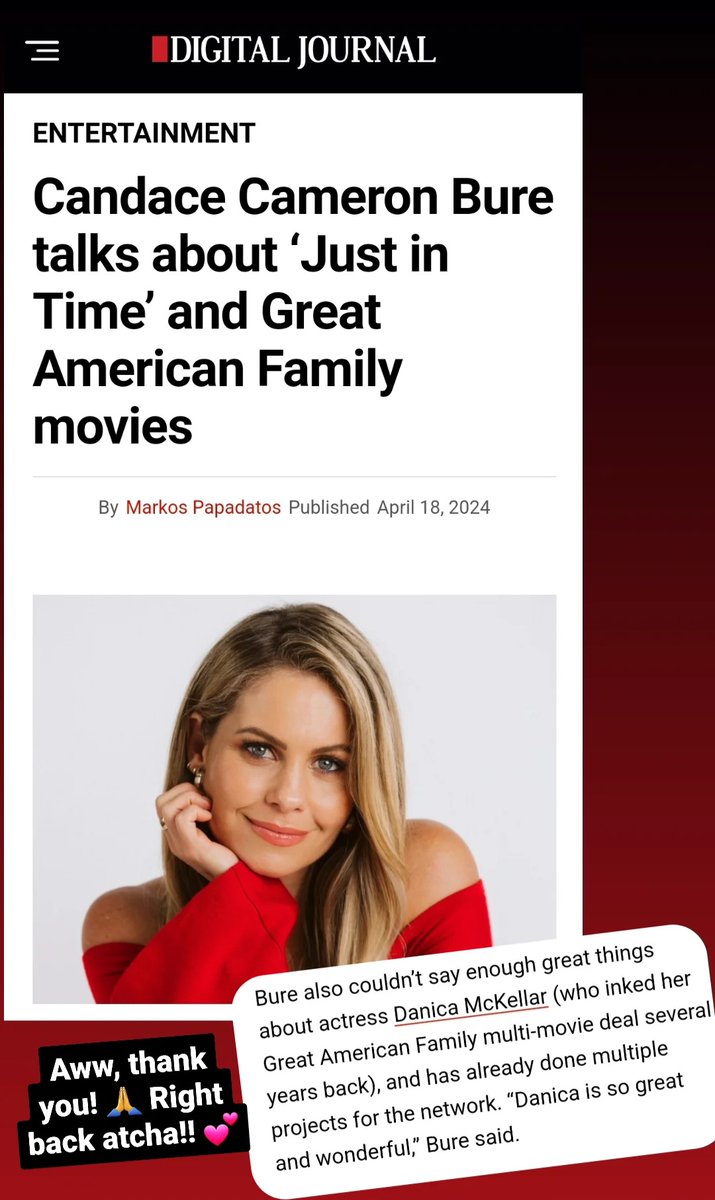Love this little article about my dear friend <a href="/candacecbure/">Candace Cameron Bure</a> and <a href="/GAfamilyTV/">Great American Family</a> ! And thank you for the shout-out, Candace. 💕
digitaljournal.com/entertainment/…
<a href="/billabbottHC/">Bill Abbott</a> <a href="/GAlivingTV/">Great American Faith & Living</a> <a href="/GAcommunityTV/">Great American Community</a> <a href="/TVSlays/">Pam Slay</a> <a href="/LauraOsnes/">Laura Osnes</a> <a href="/powerjournalist/">Markos Papadatos</a>