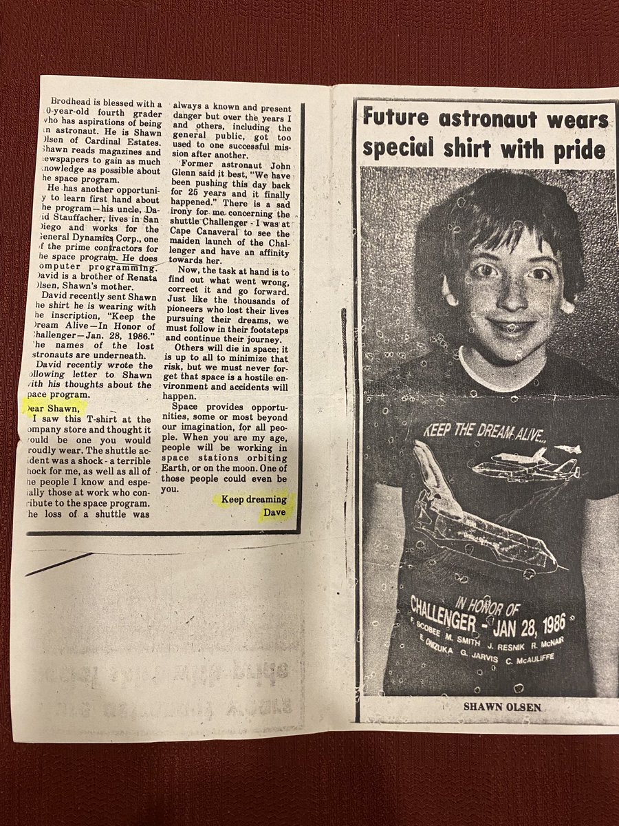 seandps's tweet image. Like most kids growing up I was into the space program and can remember sitting in class when the Challenger exploded. My uncle Dave worked for a company that was part of the space program and sent me this shirt and letter, and I ended up in my local paper #spacegeek