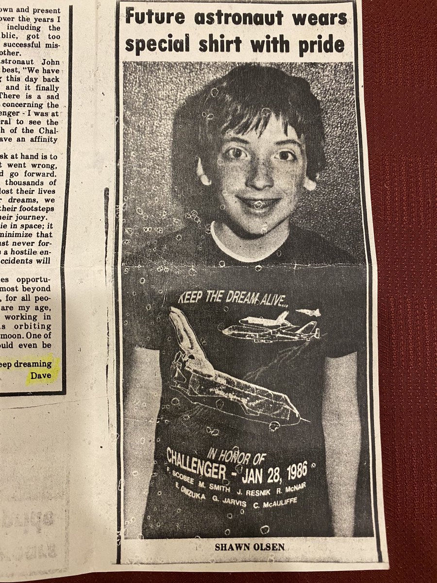 seandps's tweet image. Like most kids growing up I was into the space program and can remember sitting in class when the Challenger exploded. My uncle Dave worked for a company that was part of the space program and sent me this shirt and letter, and I ended up in my local paper #spacegeek