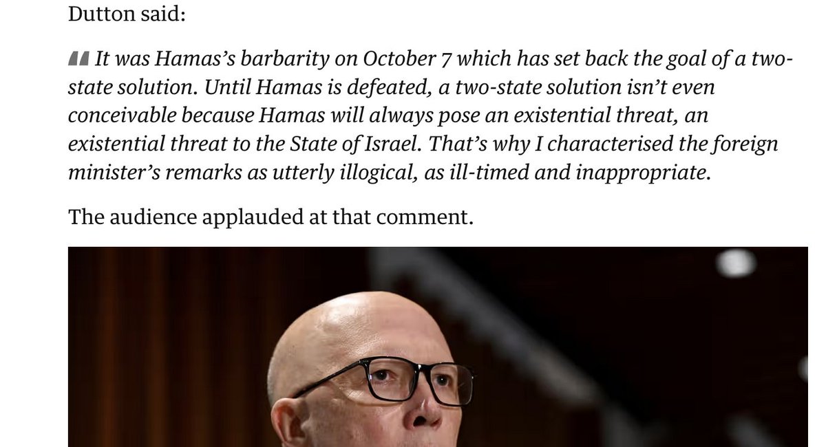 Once again, @GuardianAus pumping up the tyres of Dutton – they’ve reported every single speech he’s made in the past week – and also letting the Israel lobby know which side of the fence they sit. Why do we need to know “the audience applauded at that comment”? #auspol