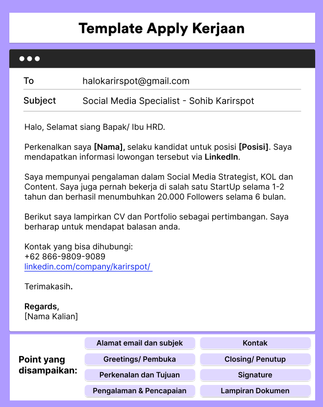 [KUMPULAN TEMPLATE EMAIL LAMARAN KERJA] Menindaklanjuti banyaknya request soal email lamaran kerja, finally, gue bikin juga beberapa templatenyaa. 1. Apply Kerja 2. Resechedule Interview 3. Follow Up Hasil Interview 4. Nego Offering 5. Nolak Interview/ Offering Semoga membantu