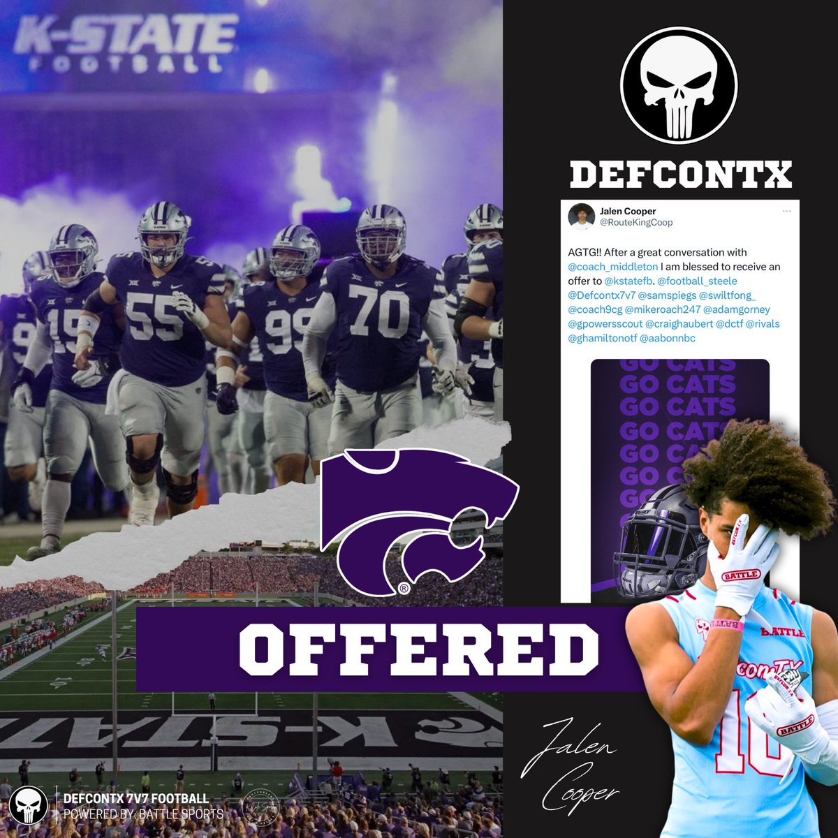 2025, WR- Jalen Cooper (@RouteKingCoop) earns an offer to @KStateFB! #AGTG #KStateFB ⚒️ @coach9cg @kcolesports @samspiegs @2MGE_ @MikeM_Scout @_RL_Martin @BDammone @Rivals @On3Recruits @satxhsfb @MikeRoach247