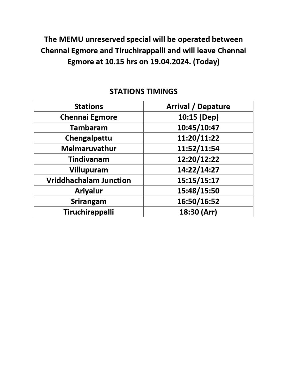 MEMU Unreserved special will be operated between #Chennai Egmore and #Tiruchirappalli

Passengers are requested to take note on this and plan your #travel

#SouthernRailway