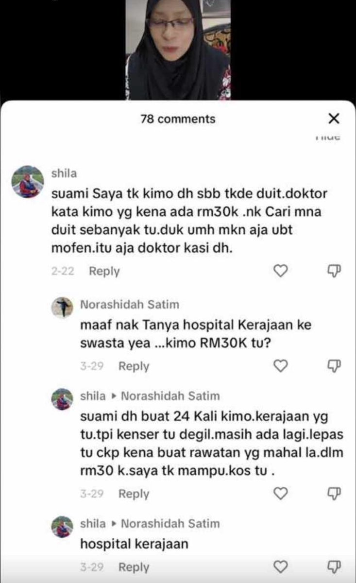 Chemotheraphy cancer, hospital kerajaan request RM30,000. 

Tu pun masih ada lagi orang bagitahu Amirah, hospital kerajaan murah, bayar RM1 je🥹