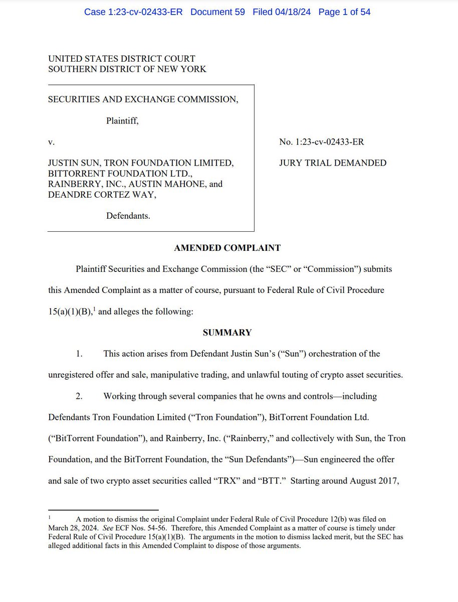 BoringSleuth's tweet photo. 🚨SEC files an amended complaint against Justin Sun for his TRX fraud and more.

8 months ago, I told and showed the 🌎 the Blockchain Evidence that revealed Justin Sun’s fraudulent $TRX ICO.  Using transactional blockchain evidence, I revealed that using just 20 wallets, Sun and Company minted and received 98% of the tokens from their own ICO! 

In the SEC complaint, they state that Sun used manipulative wash trading to create the artificial appearance that there was actual Interest in the ICO in an attempt to lure investors in. Unfortunately, it’s taken 7 or so years for accountability to come, to a person who is perhaps Tethers largest minter of fake USD, thru USDT. What has Sun funded with all this illicit funding? What could have been stopped if accountability came quicker? One man in Kansas with a career outside Crypto could have stopped him, why didn’t our agencies stop him sooner? Seriously, why? It makes you wonder who was profiting from all the corruption.

Always stay curious my friends!

🫡

https://t.co/YQ3dKERfiL
