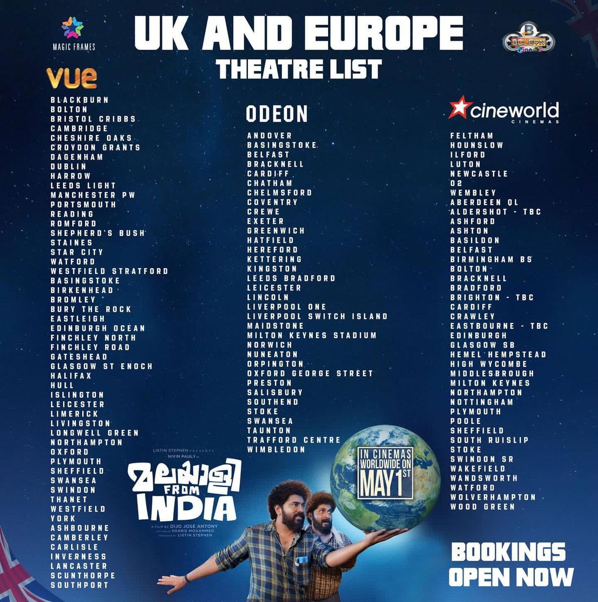 #MalayaleeFromIndia UK &  Europe Theatre list Here 🇬🇧🇪🇺  Advance Booking Opens Now 💚  #NivinPauly #DijoJoseAntony #AnaswaraRajan #ListinStephen

@NivinOfficial @DijoJoseAntony @magicframes2011