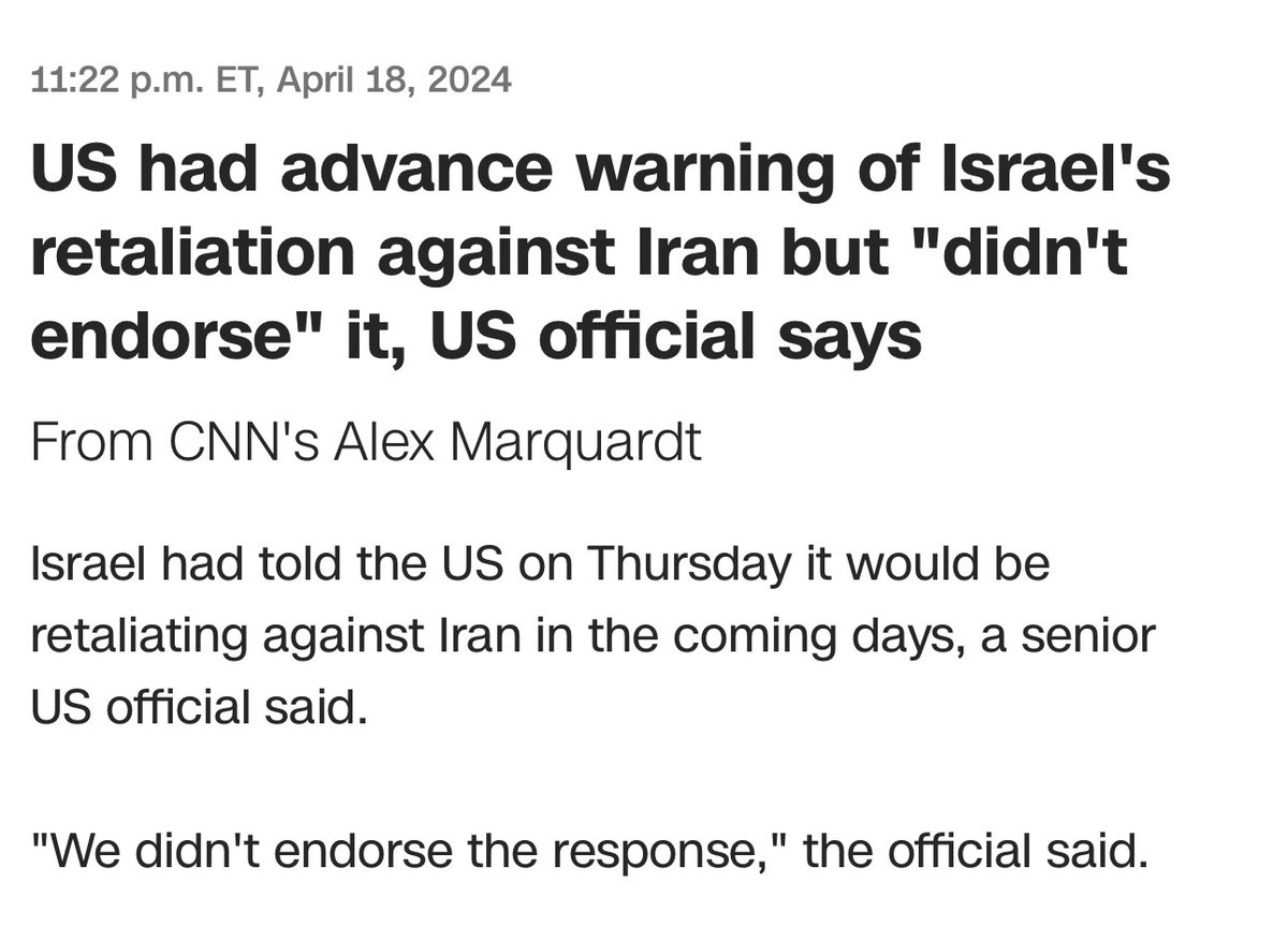 The U.S. “didn’t endorse” Israel’s attack on Iran, they just knew it was going to happen, didn’t stop it, provided the weapons and money to make it possible, and refused to give Israel red lines so they’re emboldened to do whatever they want. But that’s not an “endorsement.”