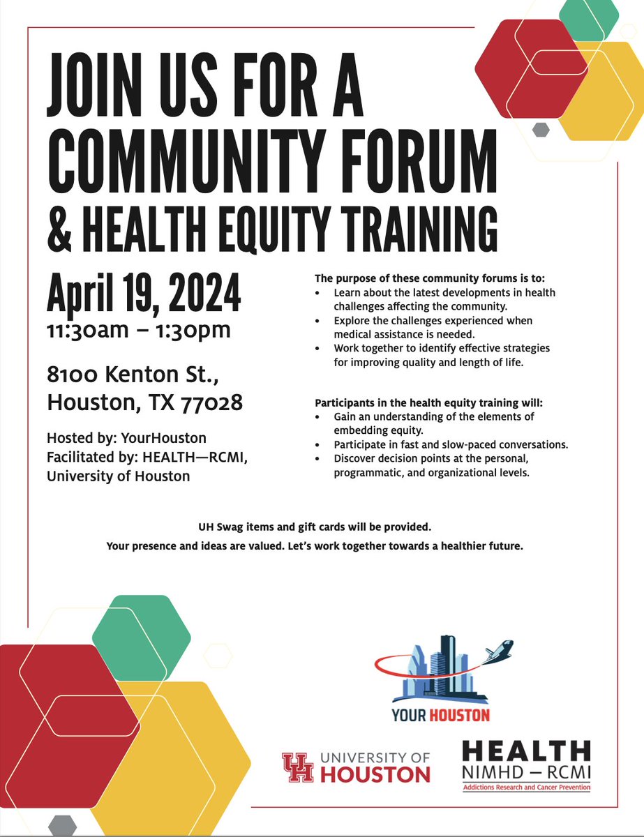 YourHoustonPAC's tweet photo. Community Forum &amp; Health Equity Training TOMORROW! 
Let's enhance the well-being of our community by prioritizing health, ultimately contributing to an improved quality of life for all.
Fri. 4/19/24
11:30AM-1:30PM
8100 Kenton St. HTX 77028

#Houston #YourHouston #HoustonHealth https://t.co/W57Iucl1Cz