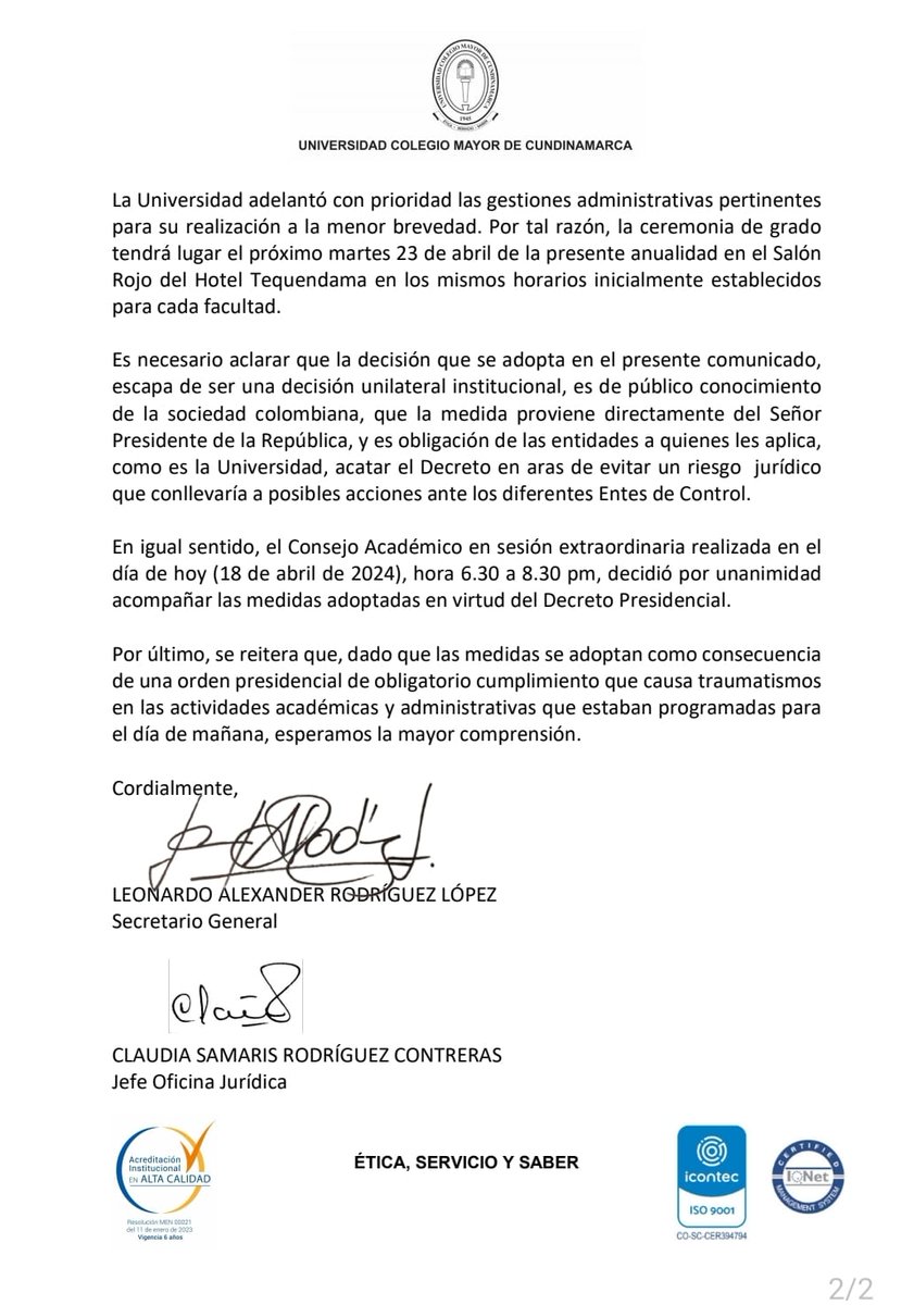 Es el colmo que @Unicolmayorcund cancele los grados diciendo que la medida del #DiaCivico decretado por <a href="/petrogustavo/">Gustavo Petro</a> los obligó. ¿De cuando a acá cancelan un grado la noche antes de la fecha? ¿Que paso ahí? #SinLuz #SinAgua #SinGrado <a href="/WRadioColombia/">W Radio Colombia</a> <a href="/zuletalleras/">Felipe Zuleta Lleras</a> <a href="/NestorMoralesC/">Néstor Morales</a>