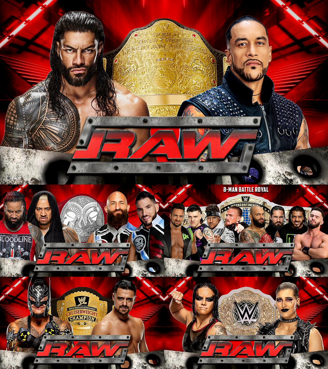 RudeTVNetwork's tweet photo. The match card for the season premiere of #WWERaw 2k24 Universe Mode.

#WWE2k24 #UniverseMode #PS5 #MayWeekOne #YearOne https://t.co/FCyPXhaphP