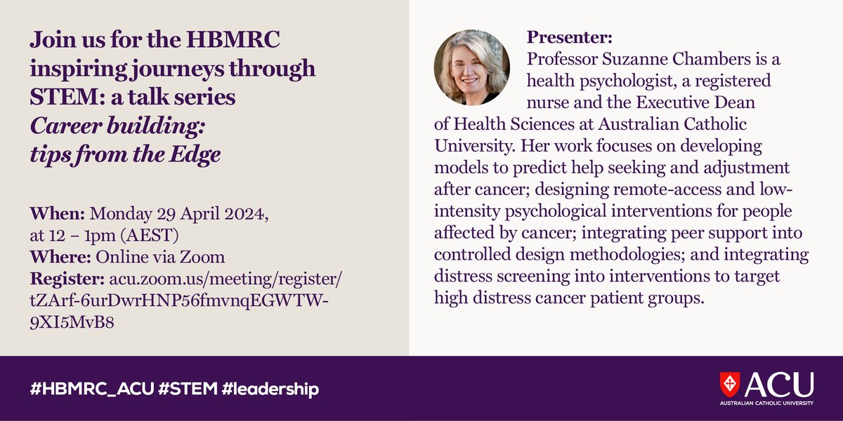 Healthy Brain and Mind Research Centre (@hbmrc_acu) on Twitter photo Looking for career progression tips and leadership development? 📈
Register below ⬇️ to attend @ChambersInOz talk (Mon 29 Apr <a href="/12pm/">nour zohbi</a>). Suzanne will discuss her inspiring journey through #STEM 👩💼🧠💻
📢📢REMINDER: This is fast approaching!!📢📢
🔗 acu.zoom.us/meeting/regist…… #ECR Looking for career progression tips and leadership development? 📈
Register below ⬇️ to attend @ChambersInOz talk (Mon 29 Apr <a href="/12pm/">nour zohbi</a>). Suzanne will discuss her inspiring journey through #STEM 👩💼🧠💻
📢📢REMINDER: This is fast approaching!!📢📢
🔗 acu.zoom.us/meeting/regist…… #ECR