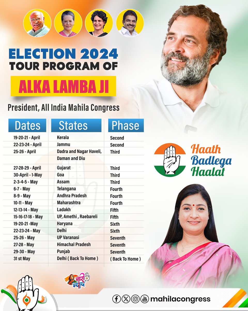 अखिल भारतीय महिला कांग्रेस की राष्ट्रीय अध्यक्ष @LambaAlka जी, 'लोकसभा चुनाव 2024' हेतु निम्नलिखत कार्यक्रम के अनुसार देश के विभिन्न राज्यों के दौरे पर रहेंगी— हाथ बदलेगा हालात! ✋🏽🇮🇳