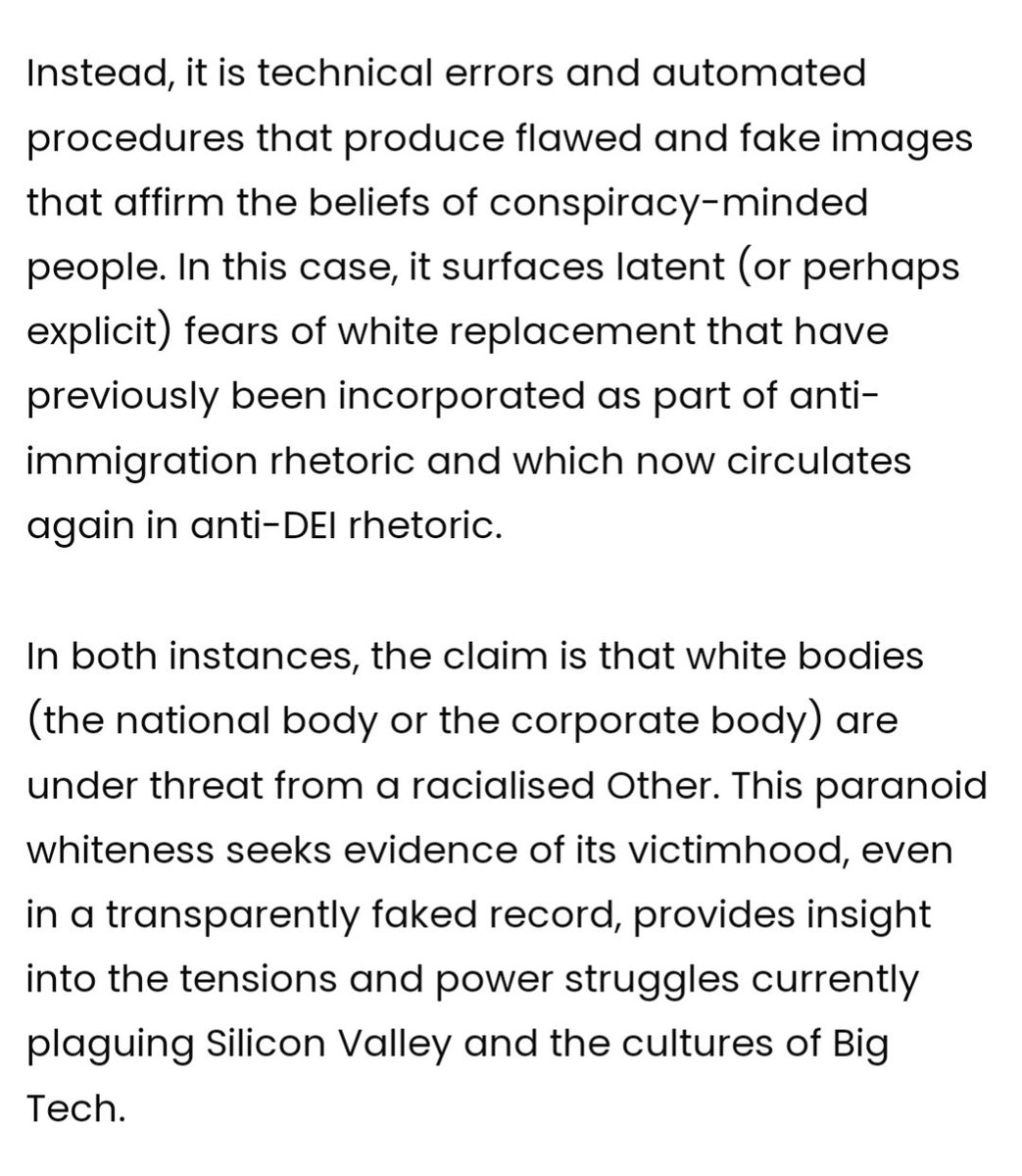 A little piece from me on how paranoid whiteness haunts reactionary attitudes towards generative AI images. Shout out to @haltingproblem and @jathansadowski for helping to clarify these ideas And big thanks to @HumanitiesAU for the invitation! @AdmsCentre @emergingtechlab