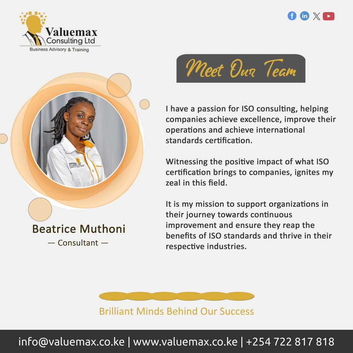 Meet Beatrice Muthoni. A very resourceful consultant at @Valuemaxnairobi  and passionate about ISO Standards.

We celebrate her commitment and great contribution to serving our clients with excellence.

#StaffRecognition #Team #Valuemax #ISOStandards #MeetOurTeam #Friday