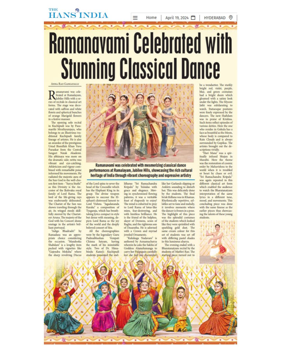 MuvvaDance's tweet photo. Performance review of Ramalayam Show!! Thank you Hans India and Anna Rao sir for the beautiful review! A motivation needed for our girls to work more hard!!
#dancereview #thehansindia https://t.co/oHOhjlsGqK