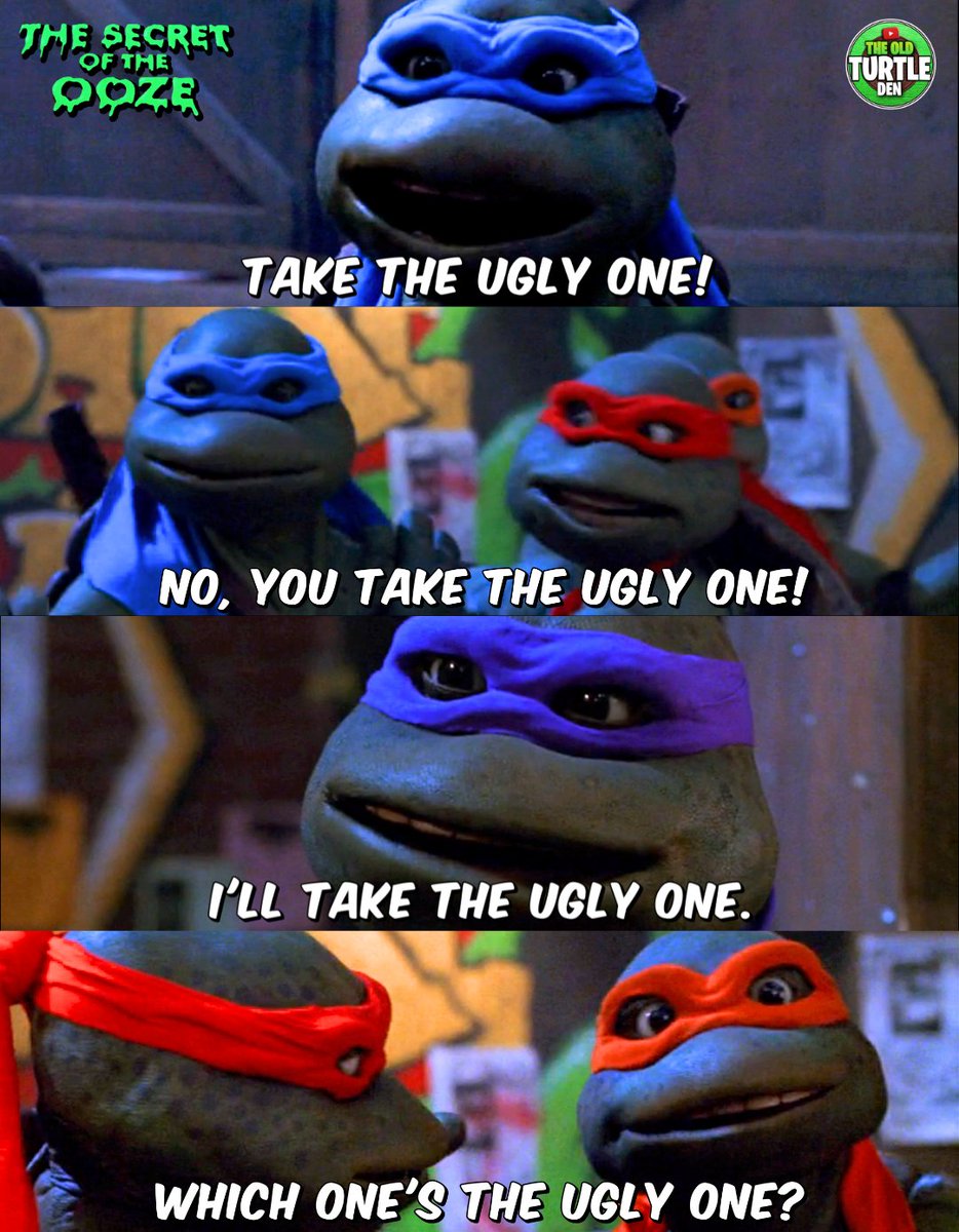 #TMNT Quotes 🎥🎞️ 🔵Leonardo: Take the ugly one! 🔴Raphael: No, you take the ugly one! 🟣Donatello: I'll take the ugly one. 🟠Michaelangelo: Which one's the ugly one? Teenage Mutant Ninja Turtles II: Secret of The Ooze (1991)