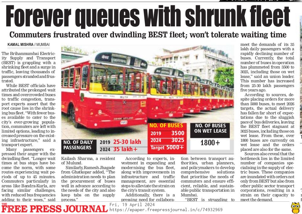 #Mumbai

From once the #BEST now turning out to be the WORST.

BEST Bus Fleet Struggles Amidst Surging Demand And Shrinking Numbers.

#PublicTransport

freepressjournal.in/mumbai/mumbai-…