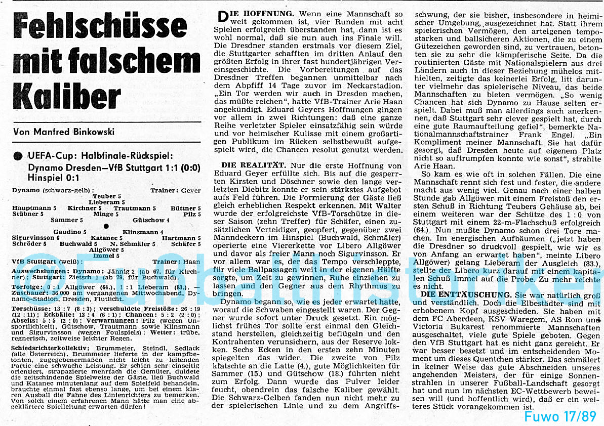 19.04.89 Dynamos Höhepunkt im Europacup. Das Halbfinalrückspiel im UEFA-Cup gegen @VfB sieht @DynamoDresden lange auf Augenhöhe. Doch in der 64 Minute trifft Allgöwer für die Schwaben, Lieberam gelingt nur noch der Ausgleich – zu wenig nach dem 0:1 im Hinspiel #DDRFußballkalender