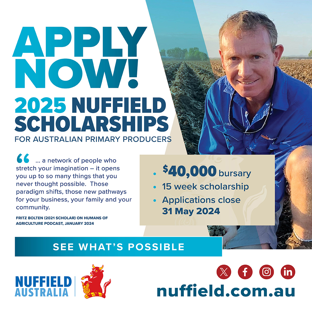 See what’s possible with a Nuffield Scholarship!

Receive a $40,000 bursary and travel the world to study and grow your business and industry. 

👉 nuffield.com.au 

#nuffieldag #aussiefarmers #futurefarmers #agresearch #agribusiness #horticulture