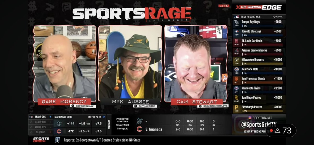 Myemelon8j's tweet photo. Pic from just now on the @SportsGridTV @SportsGridRadio NY based  show as below with Gabe @sportsrage, @CamStewartLive. Talked #AFLtips #bettingadvice Rd6, #NHL #Oilers, #Oilersnation #NHLPlayoffs party area, #IPL2024 @SunRisers #TravisHead, @MumbaiIndianfan, #EDCL #cricket awards night, more. Link to watch coming.