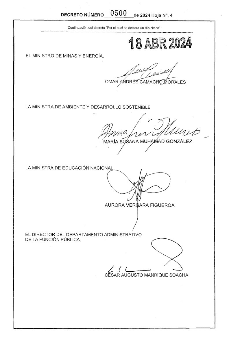 #ATENCIÓN el presidente @PetroGustavo firma el Decreto 500 de 2024, que establece desde mañana 19 de abril y en adelante el tercer viernes de cada abril como 'Día Cívico de la Paz con la Naturaleza'. @CaracolRadio @LaLuciernaga