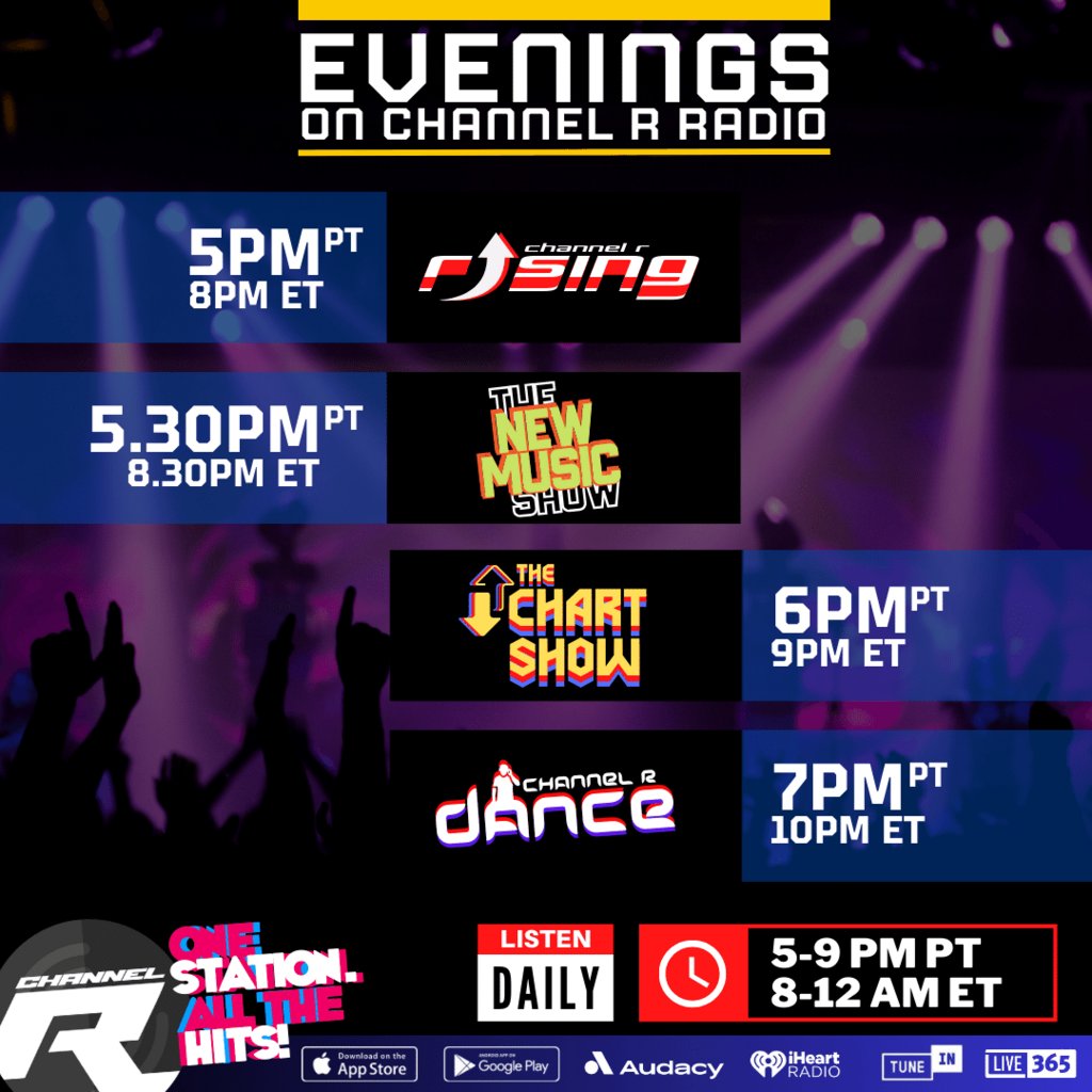 #ChannelREvenings starts NEXT: ⭐️5pm: Channel R Rising 🚨5.30pm: The New Music Show 🌟6pm: The Chart Show Top 20 🎛️7-9pm: Channel R Dance Listen on our website, Radio App or iHeart Radio here: channelrradio.com/go