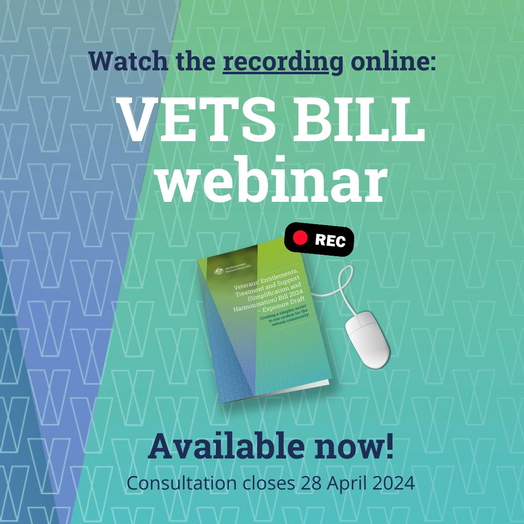 Missed the VETS Bill webinars? You can watch a recording on the DVA website. We encourage all members of the veteran community to watch the webinar recording to learn more about how the proposed changes will impact you. Visit dva.gov.au/about/royal-co…