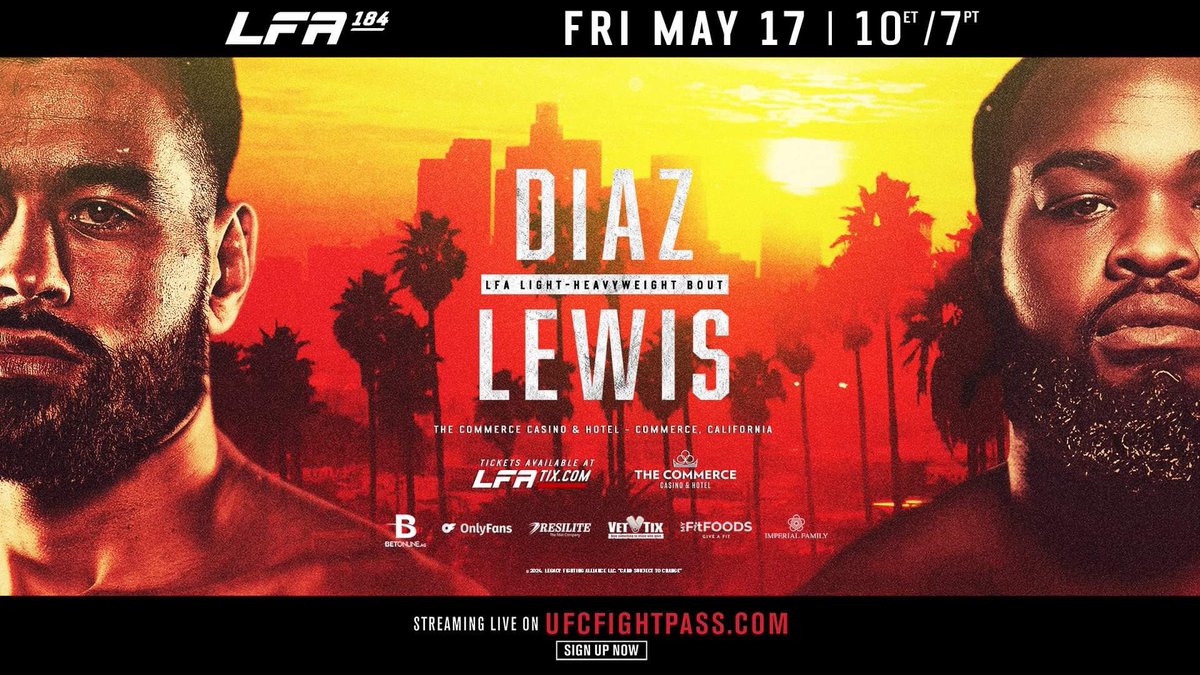 LFA brings a #LightHeavyweight Showdown to southern California at #LFA184! 💥

@OzzyD_NZT 🇺🇸
vs.
@Bevon_Lewis 🇺🇸

Friday, May 17
@CommerceCasino
#Commerce, #California

ℹ️: bit.ly/LFA_184

🎫: bit.ly/LFA184_TIX

#MMA
#LFANation
@UFCFightPass