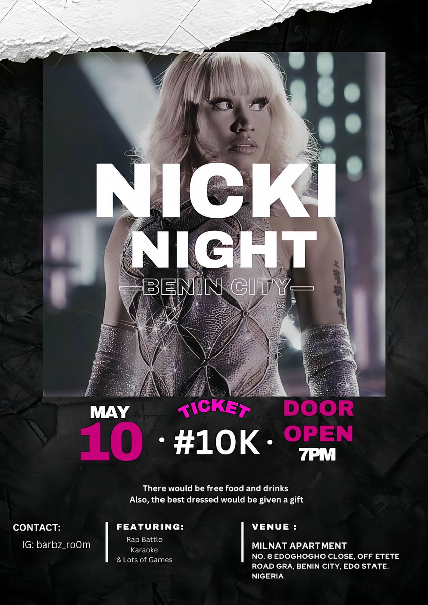barbz__room's tweet photo. Edo state barbz!!! 
It’s officially 21 days to Nicki Night, Benin (3 weeks)🦄🥳

UPDATED VENUE : Milnat Apartment, no. 8 Edoghogho close, off Etete Road GRA, Benin City

Comment or dm for more details🩷
#FTCUSleezeMix #NickiMinaj #Barbz #Rihanna #nigeria #benincity @realAsshater https://t.co/Yuasr9JkHG