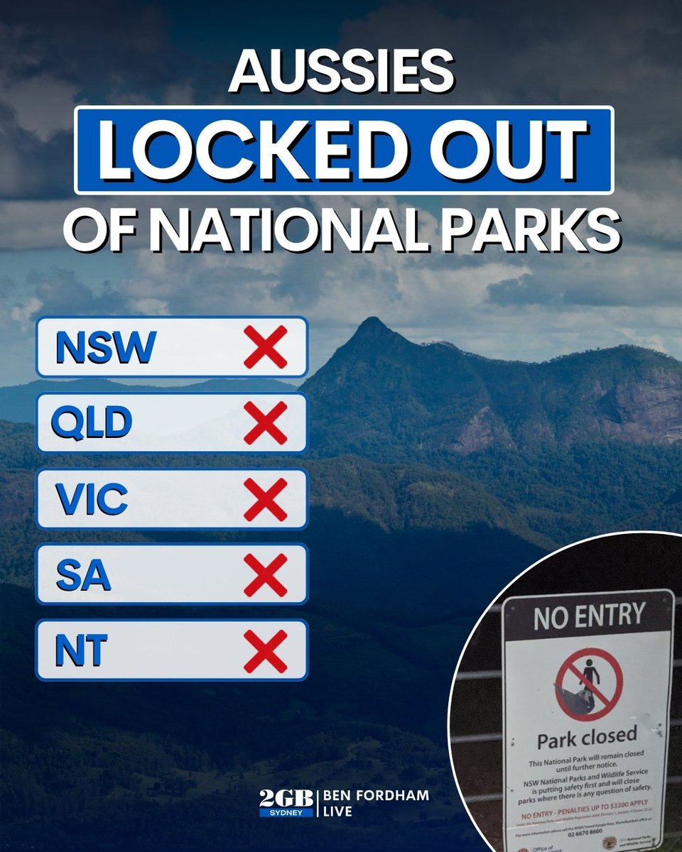BenFordhamLive's tweet photo. Australians are being ‘locked out’ of national parks.

More and more sites are not letting people in.

But nobody is giving a straight reason why.

Find out what’s going on HERE.

🎧https://t.co/n8PASPSWbP🎧 https://t.co/7T5AIpBjOk