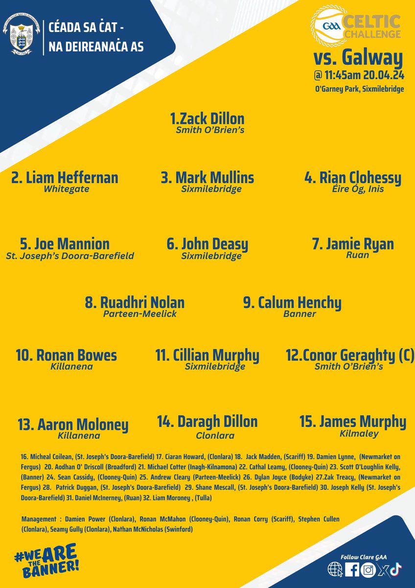 Clare’s U17 hurlers play Galway this Saturday in Sixmilebridge in Round Two of the Celtic Challenge. Throw in at O’Garney Park is at 11:45am Best of luck boys !