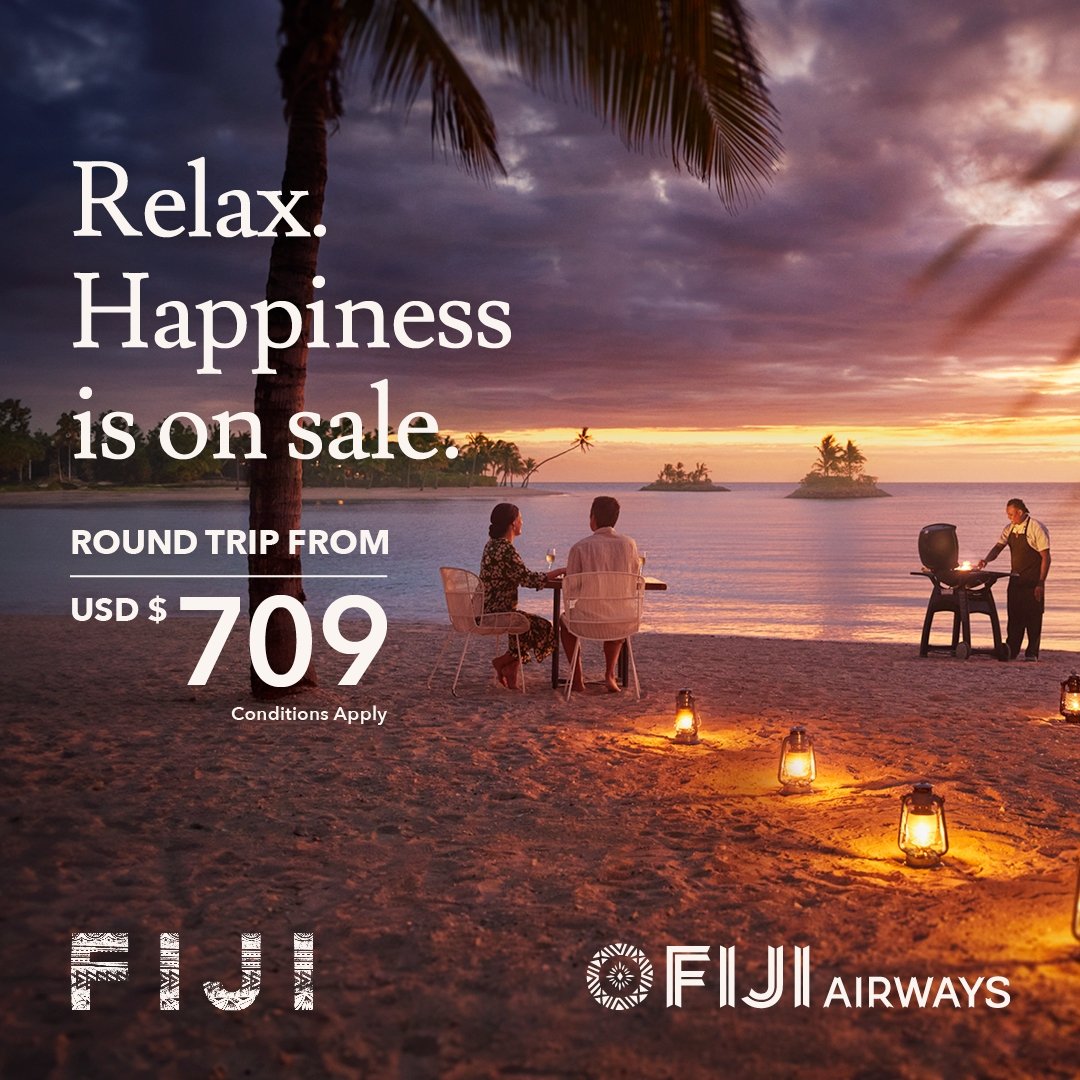 Happiness is on SALE! Come to #Fiji with amazing prices from around the world non-stop to Fiji. Go to Fiji.com.fj for deals and to book via our buddies at @FijiAirways! These are epic fares so don't wait!