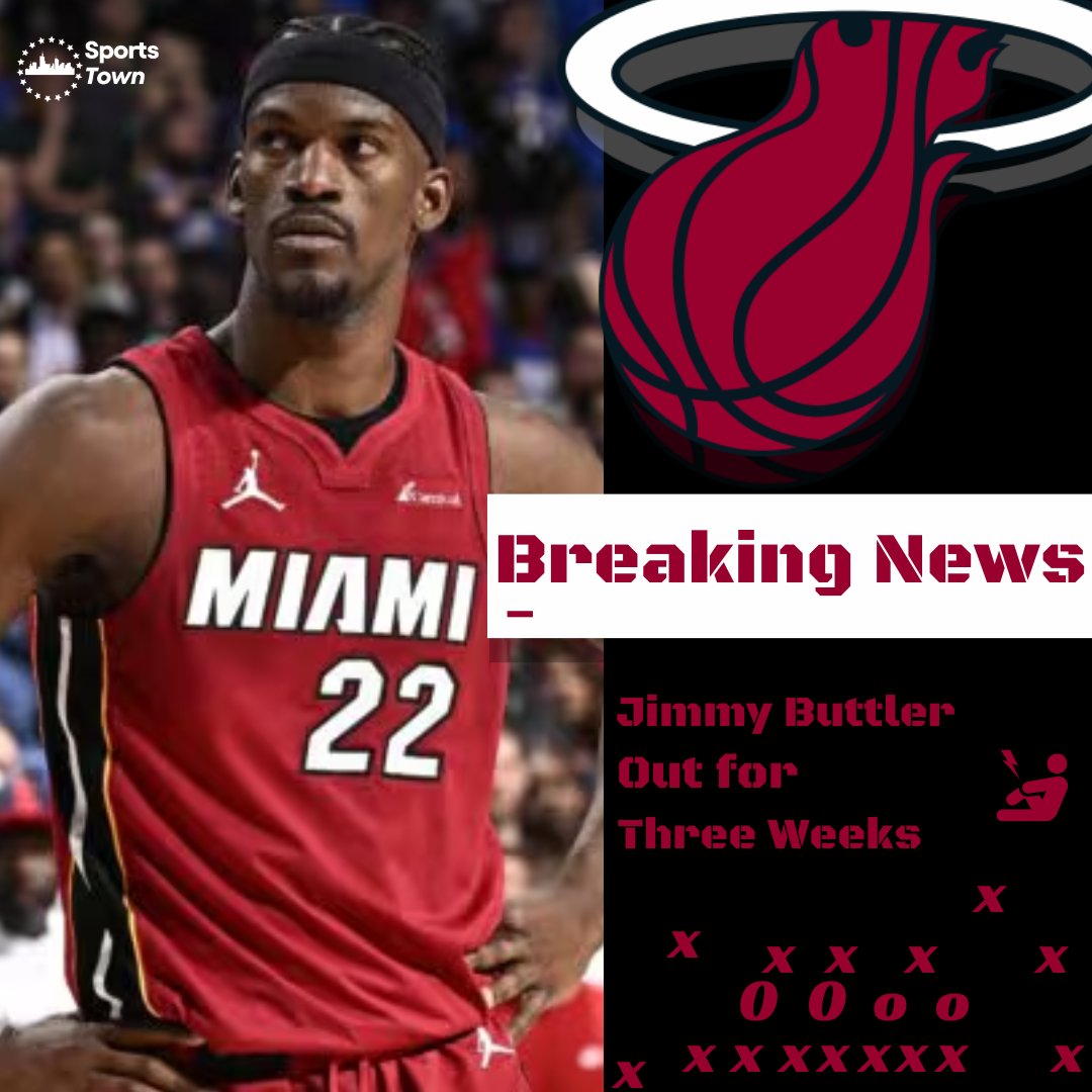 sportstownnet's tweet photo. Breaking News! 🚨 Jimmy Buttler is out for 3 weeks with an MCL Injury!

#jimmybutler #nba #miamiheat #basketball #lebronjames #miami #tylerherro #bamadebayo #heatnation #heat #nbaplayoffs #nbafinals #lakers #k #dwyanewade #sports #ballislife #lebron #duncanrobinson #gorandragic #michaeljordan #kendricknunn #anthonydavis #jimmybuckets #jamesharden #nbabasketball #derrickjonesjr #letsgoheat #kevindurant #Bulls